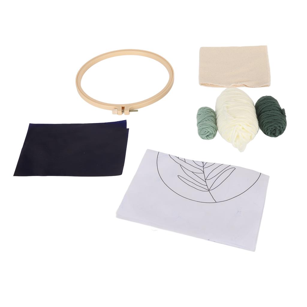 Punch Needle Kit Green Leaves Easy Operation Glossy Frame 7.9in Hoop Semi Finished Embroidery
