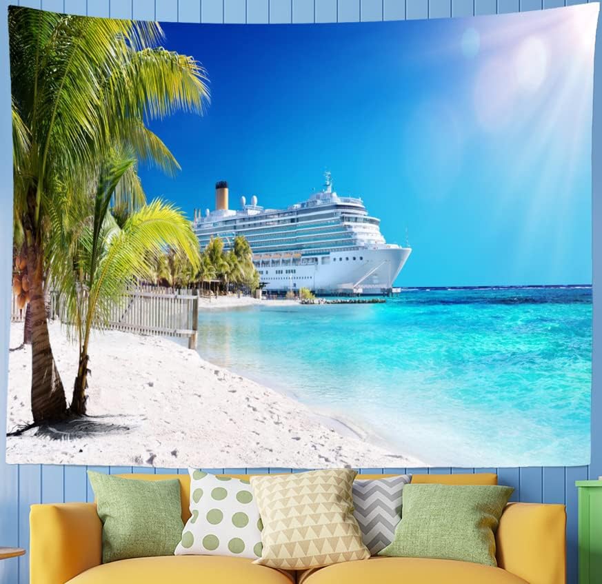 Cruise Ship Tapestry Caribbean Sea Palm Tree Coral Beach Tapestry Wall Hanging  Large Tropical Island Summer Holiday Tapestries