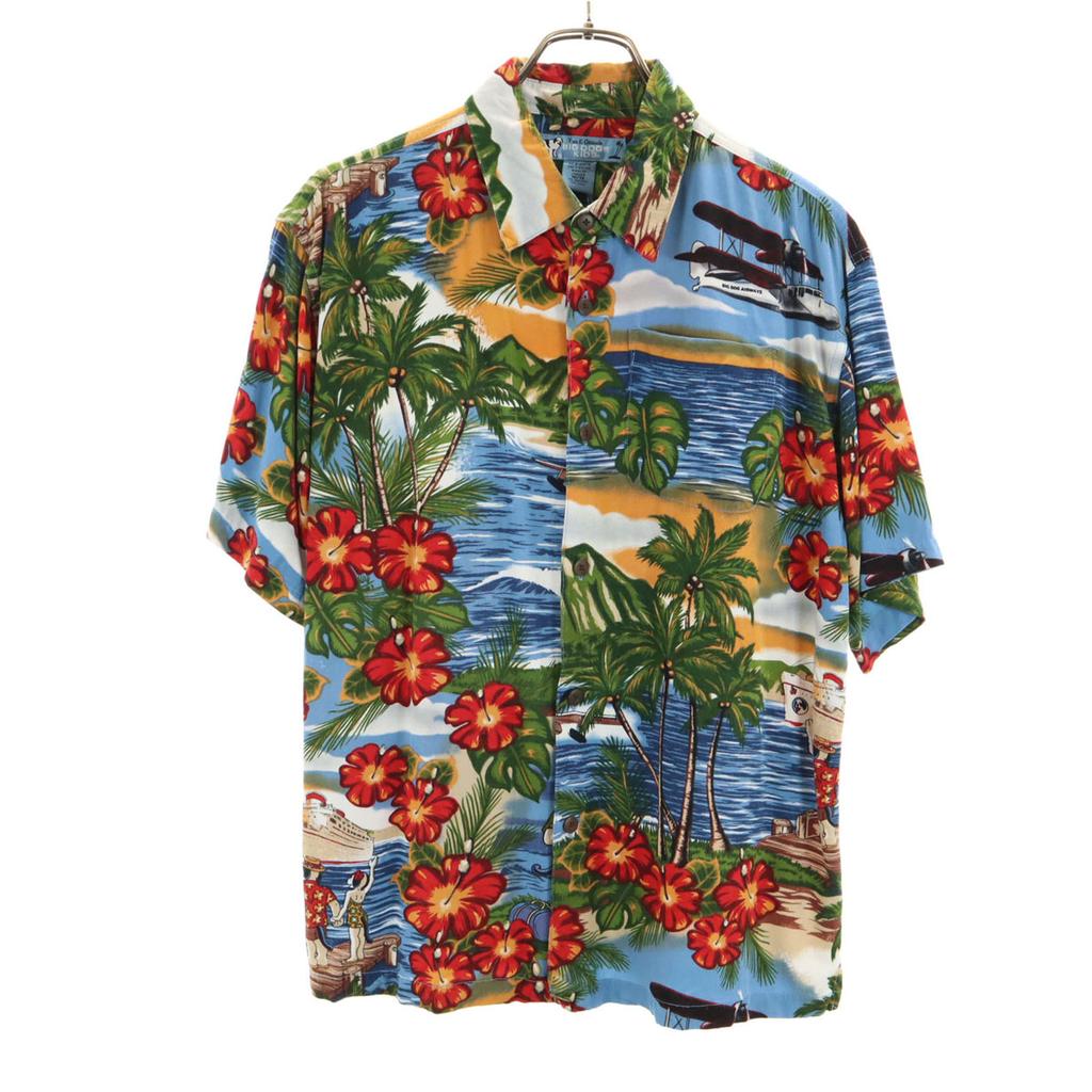 BIG DOGS Dog Floral Pattern Short sleeve Aloha shirt 16/18 Blue Kid's Used