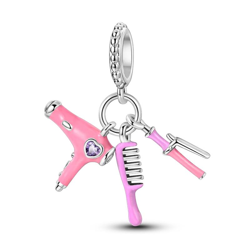 Original Copper Sewing Machine Scissors Charms Bead Inlaid Pink Zirconium Pendants Fit Bracelet Jewelry Lover Gift