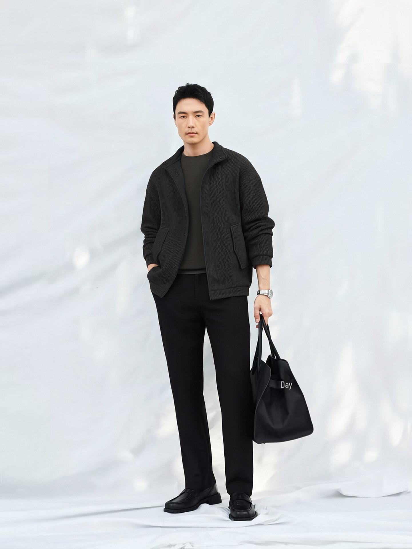 

Men s Tree Pattern Zipper Cardigan: Autumn/Winter, Loose Fit, Casual Solid Color, Long Sleeve Jacket L (125-140 jin) чорний