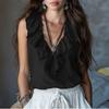 Blusa sin mangas para mujer con volantes en V, lisa, casual, corte holgado, top ligero, jersey para uso diario en la oficina