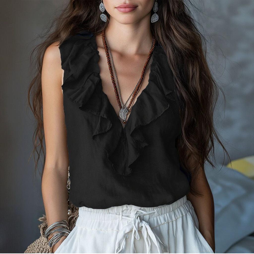Blusa sin mangas para mujer con volantes en V, lisa, casual, corte holgado, top ligero, jersey para uso diario en la oficina