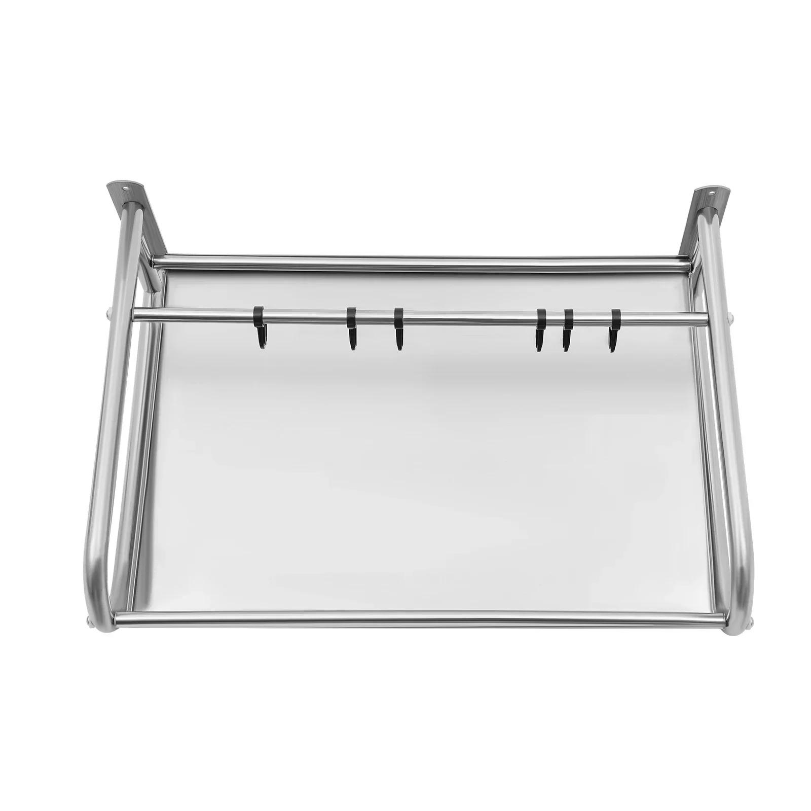 

Stainless Steel Microwave Rack with 6 Hooks, Wall-Mounted Heavy-Duty Kitchen Organizer, Suitable for Bathroom and Storage Room 2-tier срібний