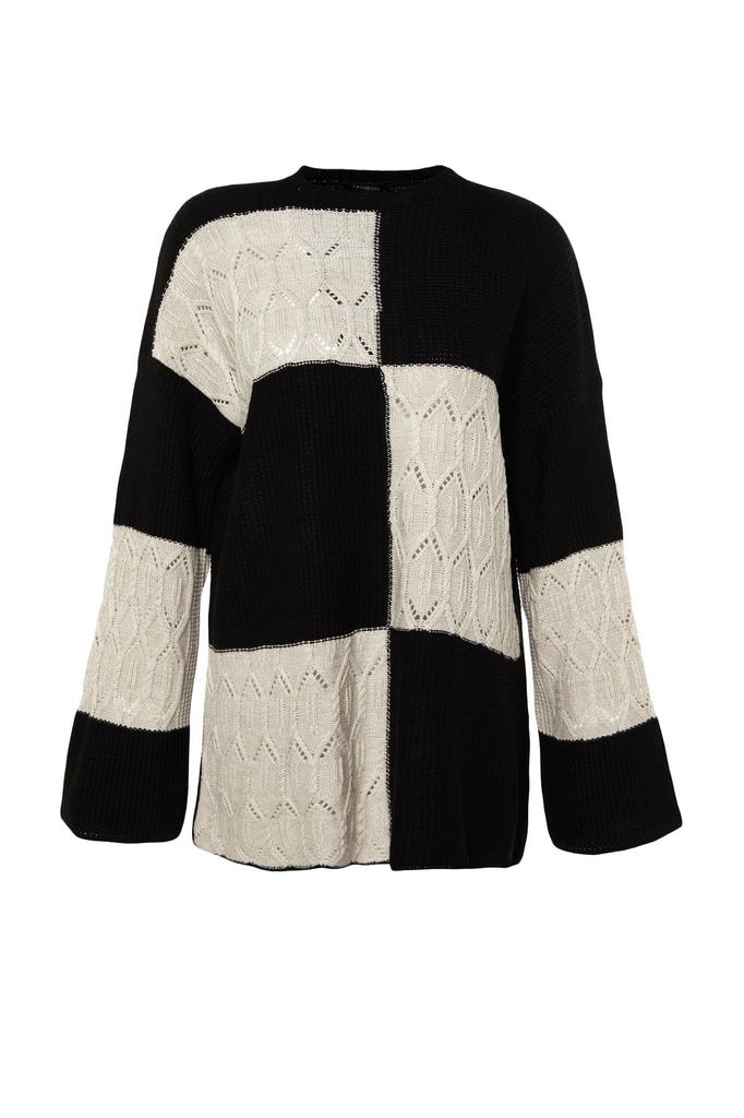 Women's Fashionable Stylish Hijab Sweater Black Openwork Perforated Color Block Knitted Knitwear Sweater