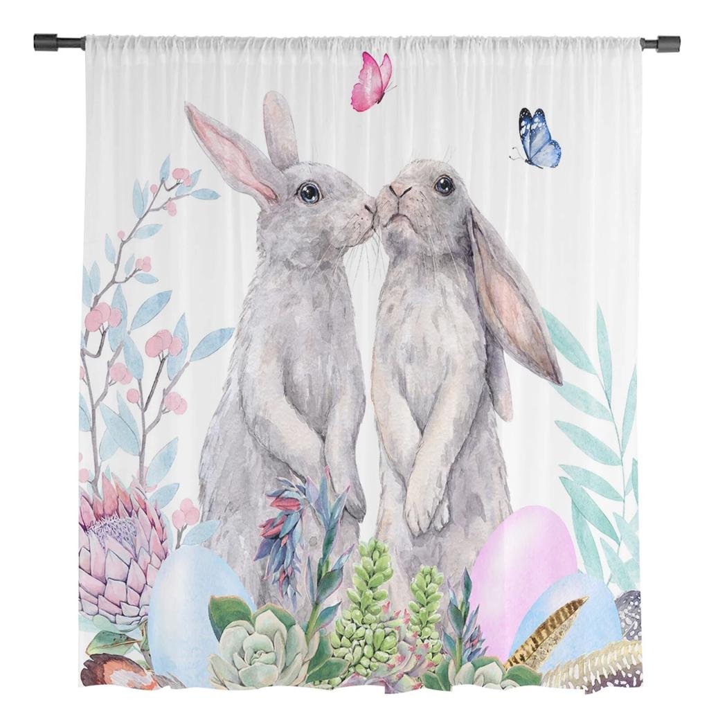 Osterhasen-Blumen-Schmetterlings-Aquarell-Kaninchen-Tüllvorhänge für Wohnzimmer, Küche, durchsichtiger Voile-Vorhang, Schlafzimmer-Fensterpaneele