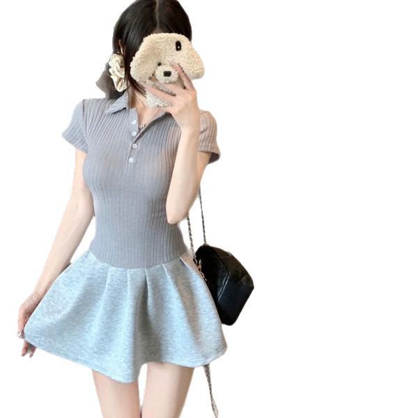 Women's Summer Polo Collar Long-Sleeve A-Line Dress with Cinched Waist - Petite Fit