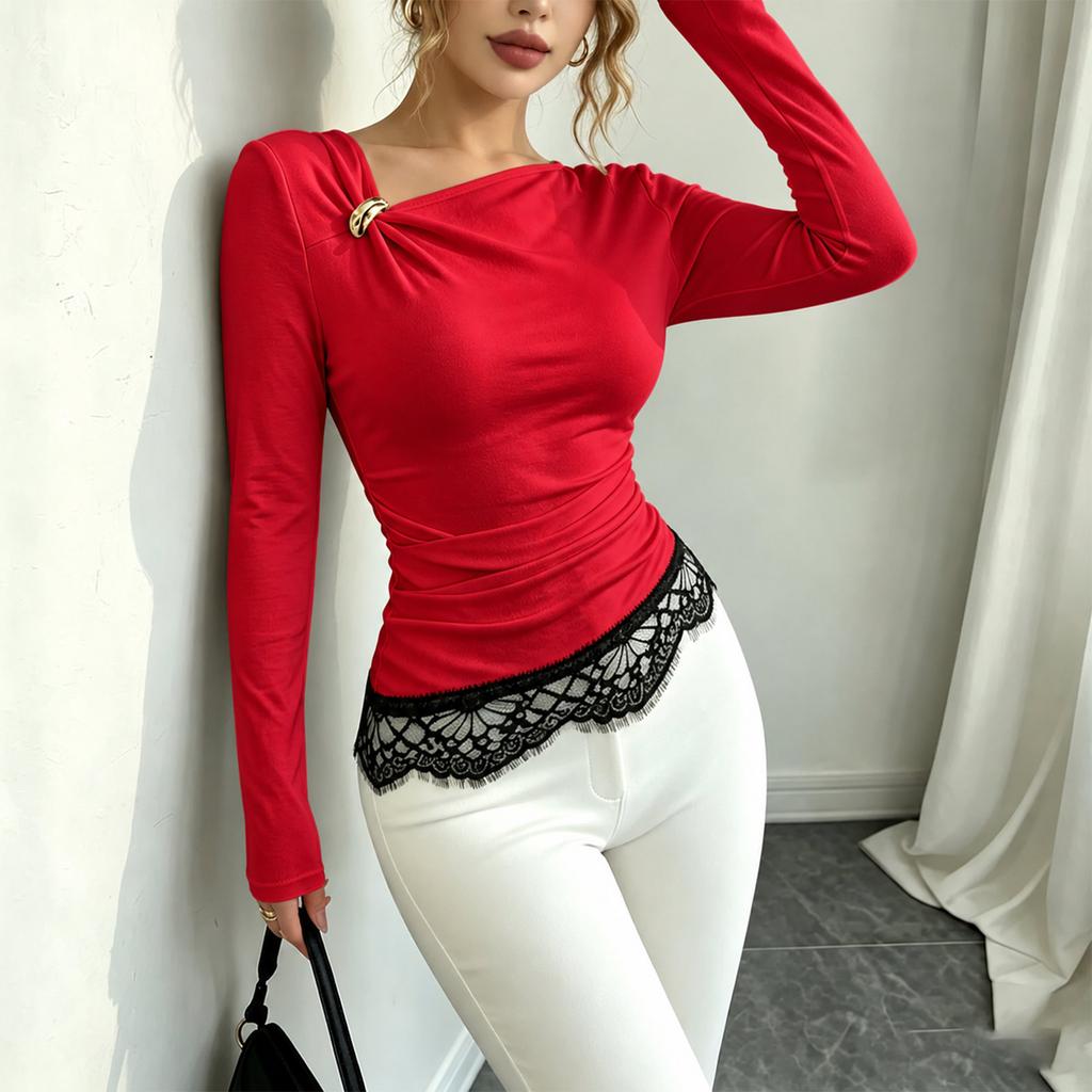 Damen-Farb-Langarm-T-Shirt mit asymmetrischem Ausschnitt, Spitzenbesatz am Saum und Akzenten