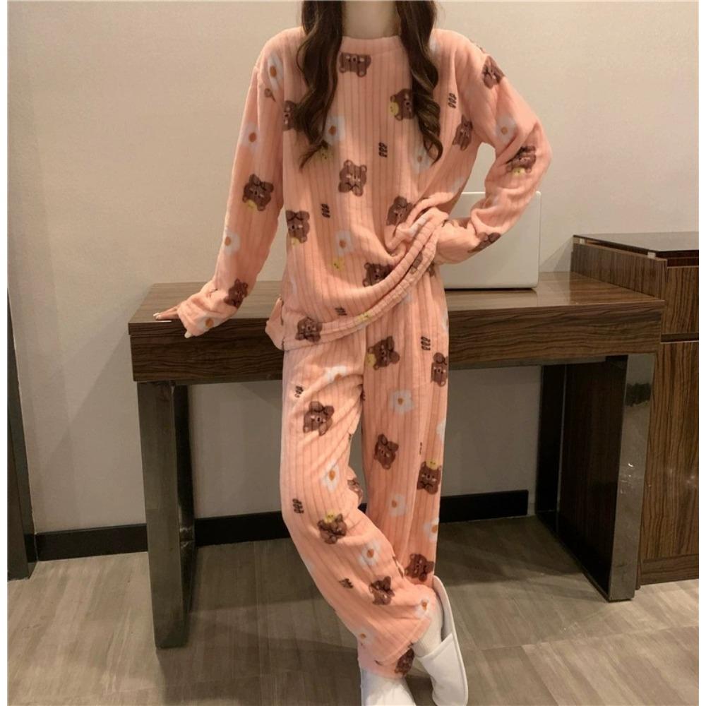 **Kadın Flanel Pijama Takımı Yuvarlak Yaka Jakarlı Uzun Peluş Kalın Sıcak Ev Giyimi**