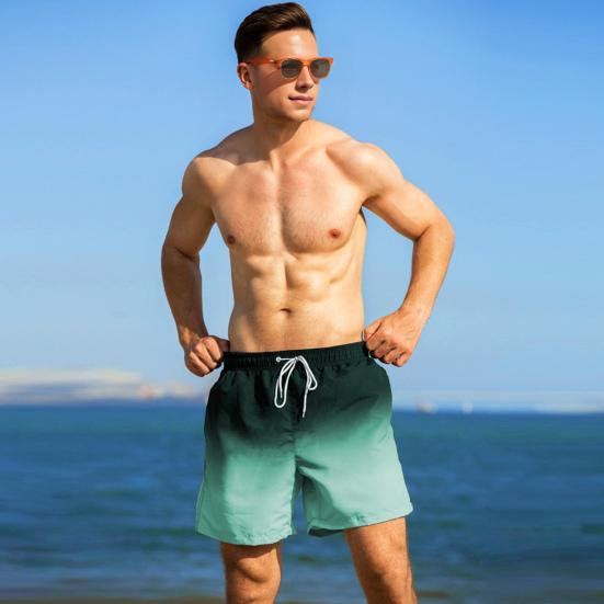 Men Beach Shorts Gradient Contrast Color Drawstring Elastic Waist Casual Daily Wear Pockets Thin Knee Length Summer Shorts Men Vacation Shorts