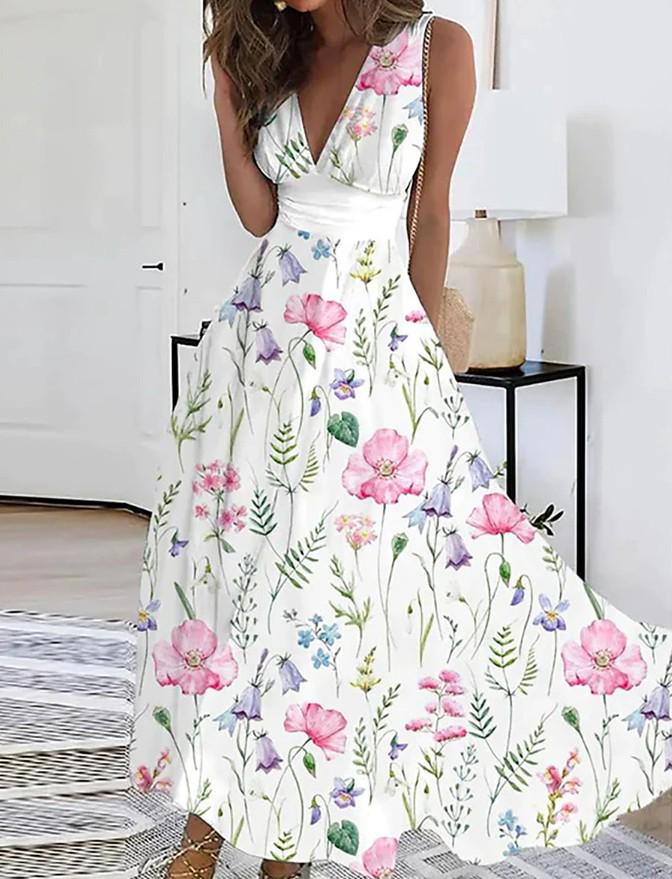 2023 Women's Summer V-Neck High Waist Sleeveless Printed Dress