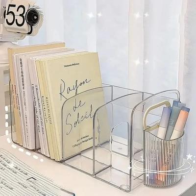 Acrylic Book Storage Rack with Box Portable Transparent Thicken Anti-slip Base Student Stationery Organizer Storage Home Items