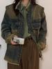 Women's Retro Blue Distressed Denim Jacket with Large Pockets and Frayed Edges
