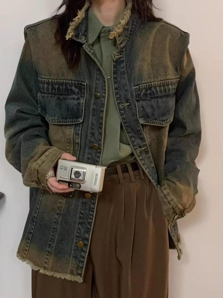 Women's Retro Blue Distressed Denim Jacket with Large Pockets and Frayed Edges