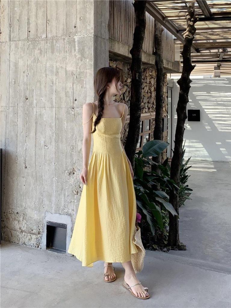 Women's Yellow Spaghetti Strap Summer Maxi Dress