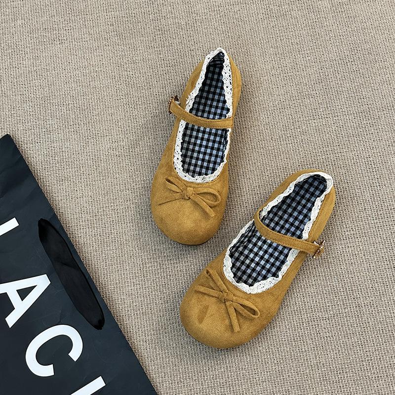 Fashion retro gentle bow Mary Jane single shoes women's 2025 summer new one-word buckle lace ballet shoes