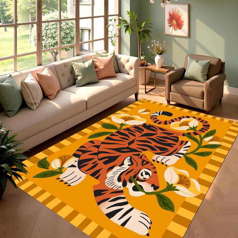 Wohnzimmerteppich Tiger mit Blumen Luxuriöser Kunststil Teppich Rutschfest Leicht zu Reinigen Glücksbringende Künstlerische Heimdeko Matte