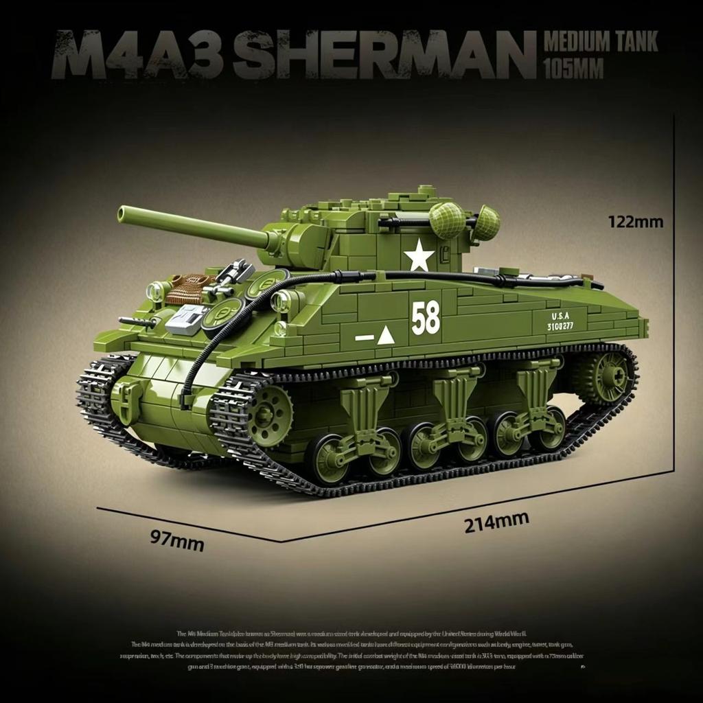 100277 M4A3 Sherman Military Tank Building Blocks 1175PCS Collectible Model Bricks Set Desktop Ornament Gift For Hobbyist Adults