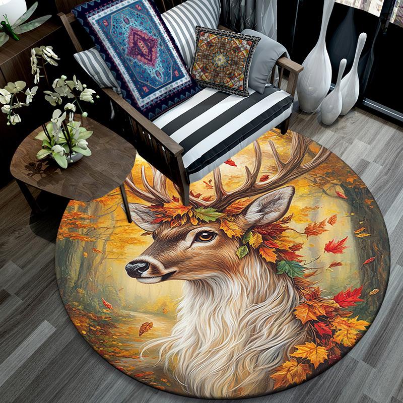 Autumnal Deer Round Area Rug,Carpet Rug for Living Room Bedroom Sofa Playroom Decor,Non-slip Floor Mat