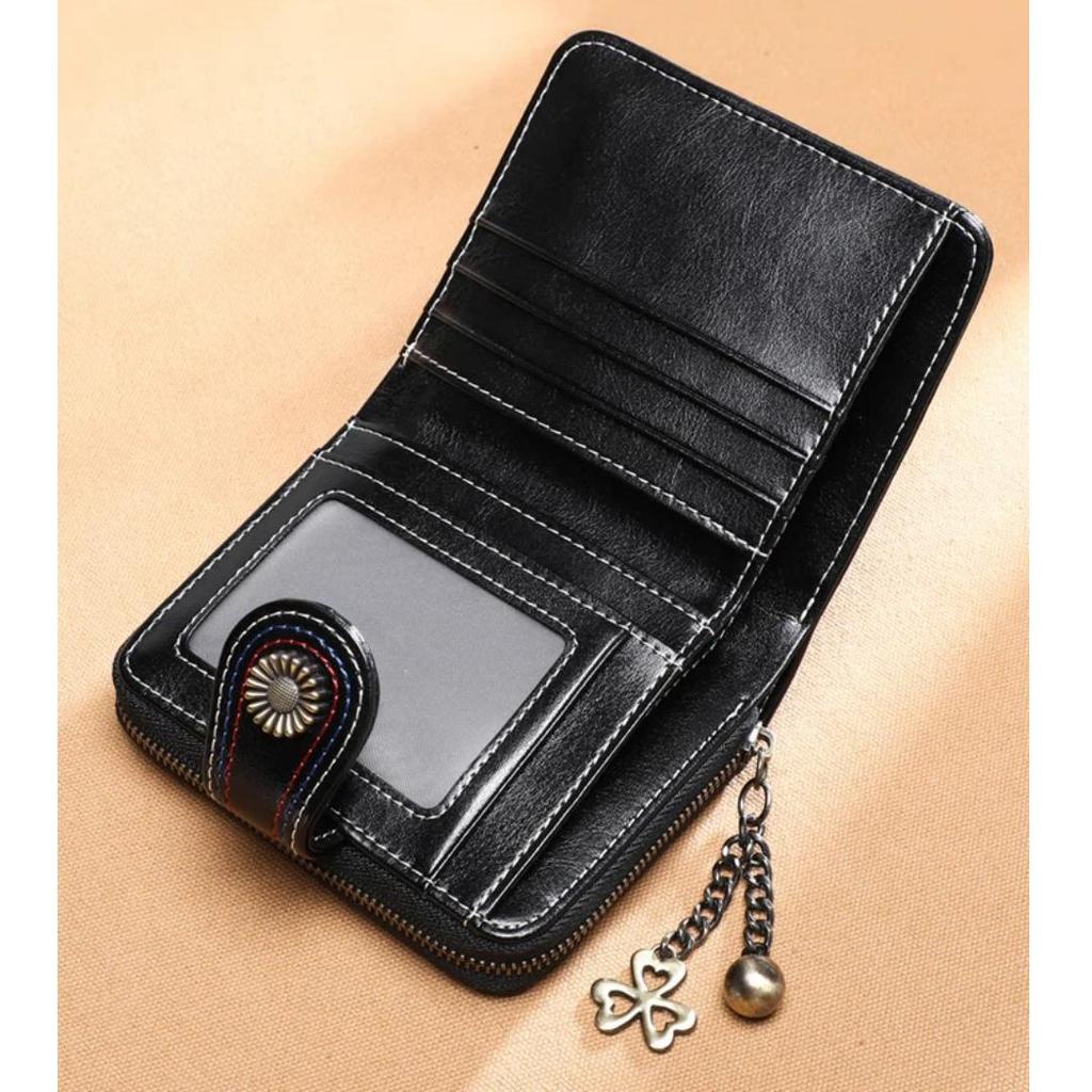 Viney Leather Wallet for Women, Foldable Zipper Purse with Multiple Card Slots, Large Capacity Coin Purse, Leather Card Holder, Black