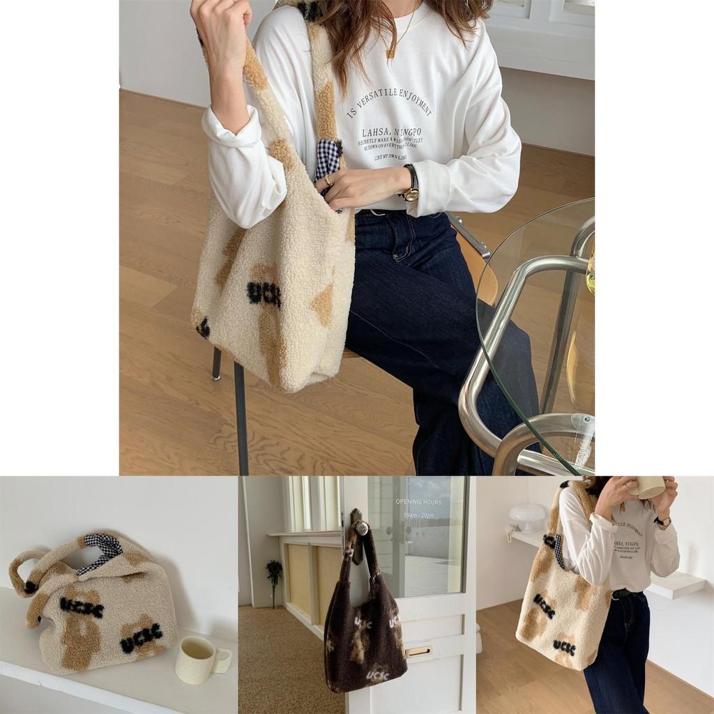 Stylish Plush Teddy Bear Tote Bag Soft Lambswool Large Capacity Everyday Purse