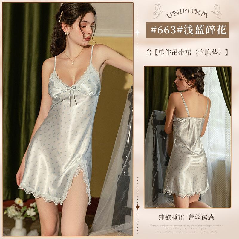 Sexy women's pajamas premium pure lace suspender nightdress with chest pad long-sleeved loungewear set