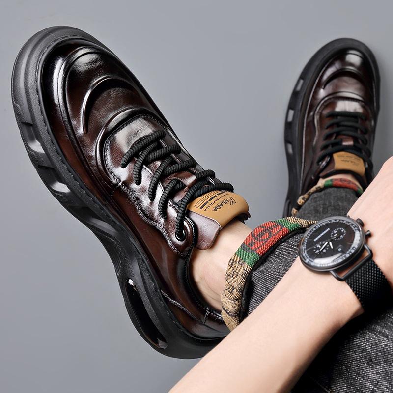 Autumn and winter cowhide men's casual leather shoes genuine leather new thick-soled air cushion bottom sports breathable soft-soled men's board shoes