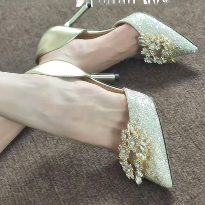 

Sequin Slip-On Heels Summer New Pointed Toe Shallow Mouth Non-Tired Feet Hollow Single 34