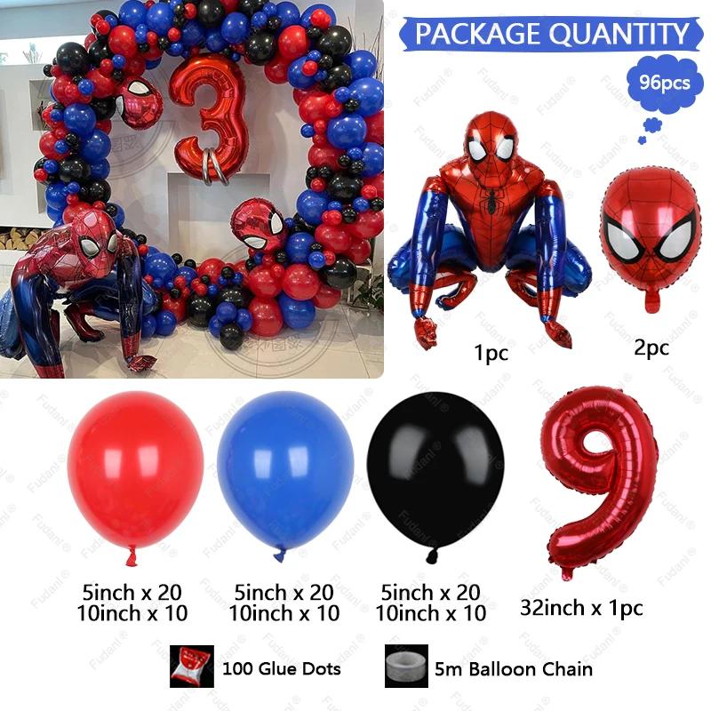 96pcs Kids Birthday Red Blue Balloons Garland Arch Kit For Party Decors Age 1-9th Spiderman 3D Marvel Foil Balloons Air Globos