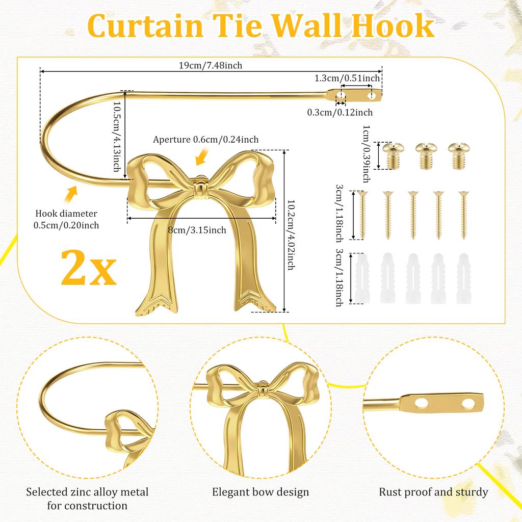 2Pcs Curtain Holdbacks Metal Bow Curtain Holdback Window Decor Finish Wall Hooks for Office Home Bedroom Luxe Drapes Tie Back