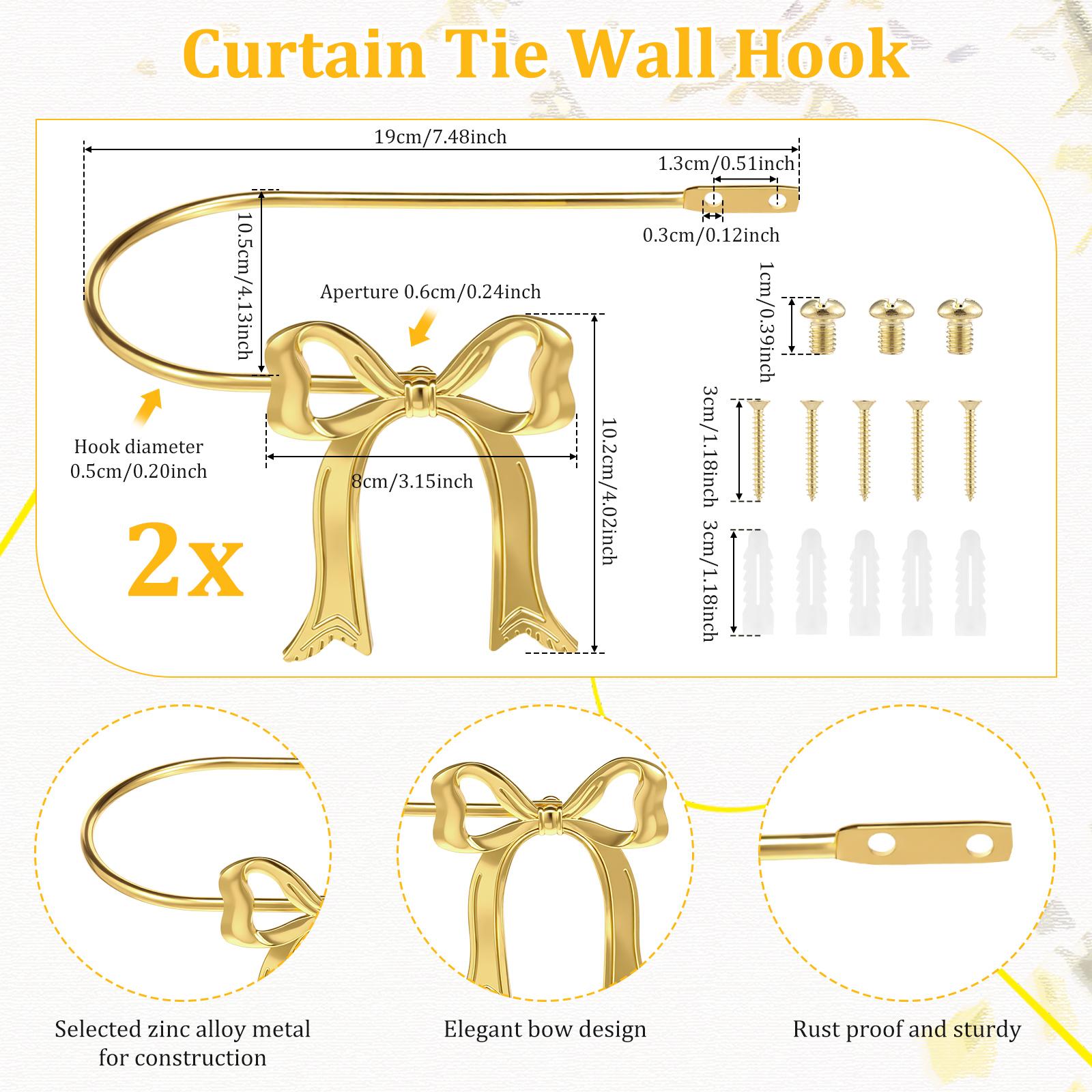 

2Pcs Metal Bow Curtain Holdback Decorative Gold Bow Knot Curtain Tieback Modern Window Drapery Holdback Hook for Home Bedroom