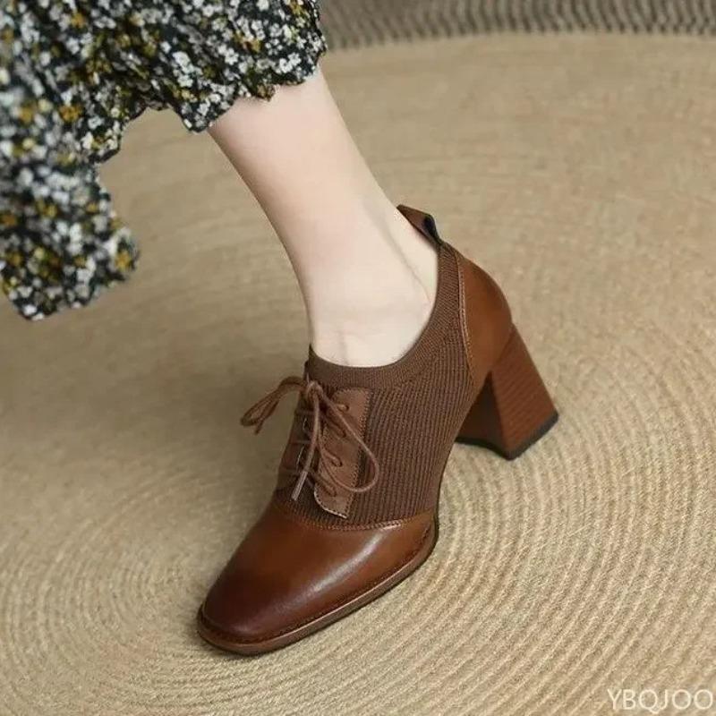 Women Pumps Luxury Leather High Heels New British Style Fashion Square Toe Block Heel Single Shoes Chunky Elastic Leather Shoes