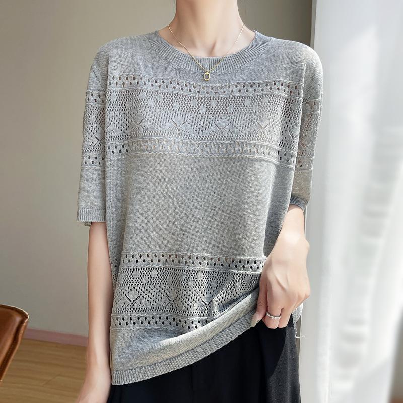Summer Updated Ice Silk Linen Hollow Knitted Short-sleeved Womens Round Neck One Tone T Temperament Versatile Relaxed Fit Thin Blouse