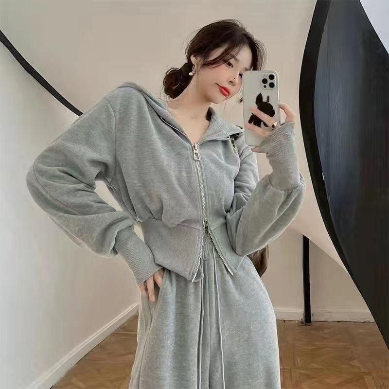 Women's Cinched Waist Hoodie & Pants Set Full-Zip Cropped Top With Drawstring High Waist Pants Slim-Fit Casual Streetwear