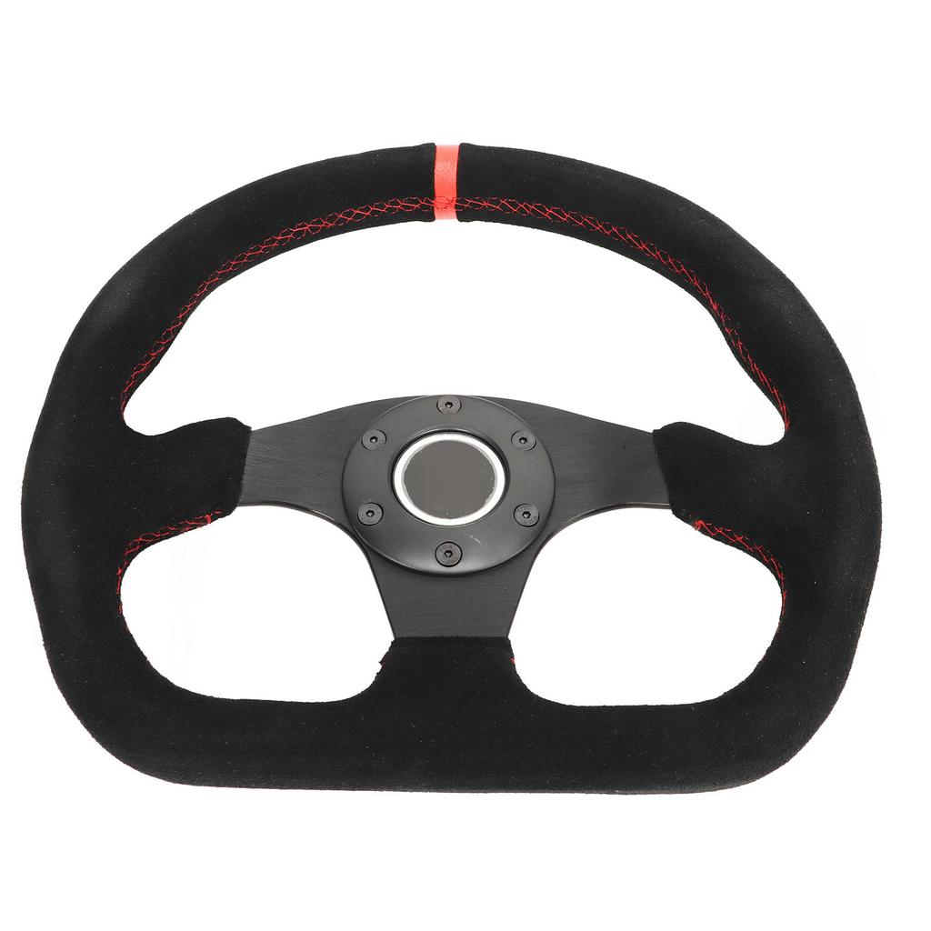 D Shape Steering Wheel 12.8in Suede Leather Race Style Steering Wheel with Red Stitch and Horn Button