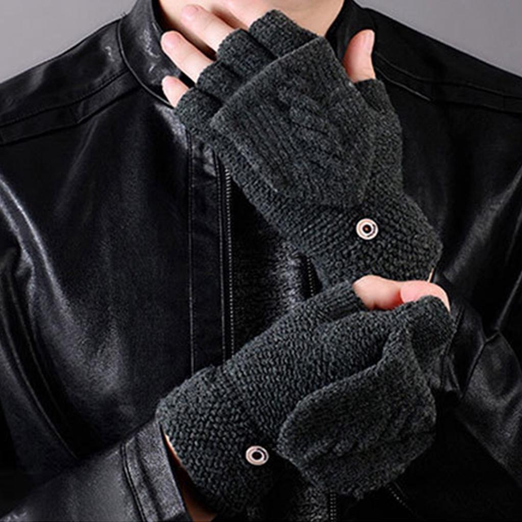 1 Pair Flip Fingerless Gloves Men Winter Soft Thick Warm Convertible Mittens for Typing Running