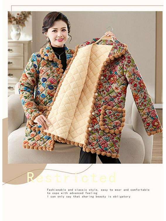 2025 Winter Stylish Floral Velvet-Lined Mid-Length Cotton Coat for Women - Elegant and Warm Autumn/Winter Outerwear