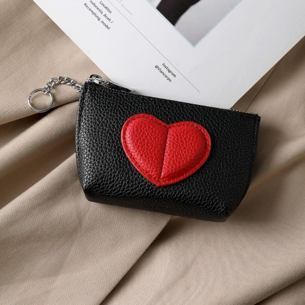 

New Love Heart Coin Purse with Zipper Solid Color Earphone Key Storage Bag Small PU Leather Mini Wallet чёрный