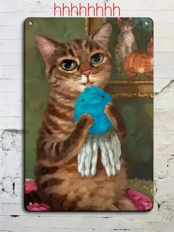 Vintage Tabby Cat Wall Art Aluminum Metal Painting Lollipop Knife Decor 20x30cm
