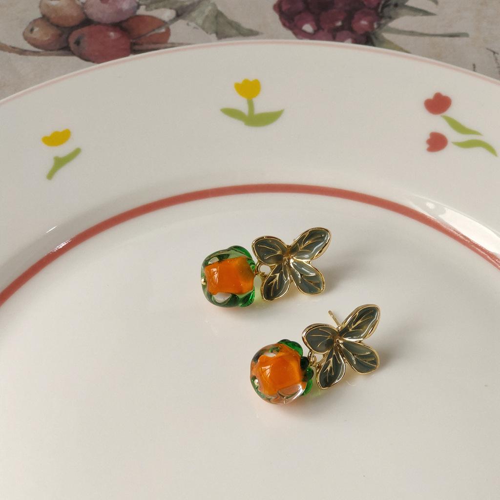 I want persimmon! 14K 925 silver needle plated glass persimmon earrings Japanese, glazed stud earrings Earrings