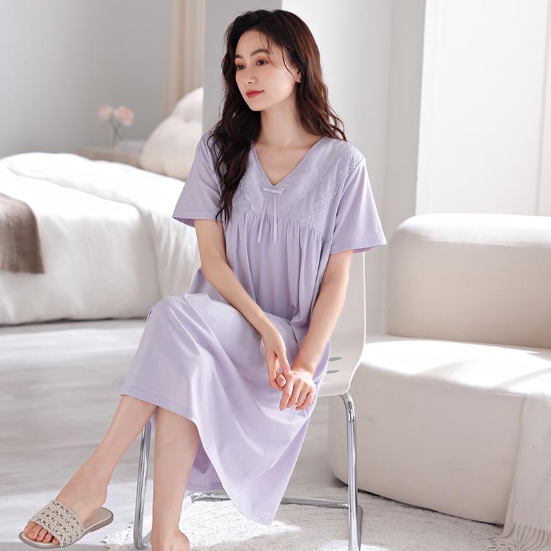 

Women s Summer Cotton Lace Nightgown with Chest Pads, Short Sleeve, Mid-Length, Plus Size L (100-125 jin)