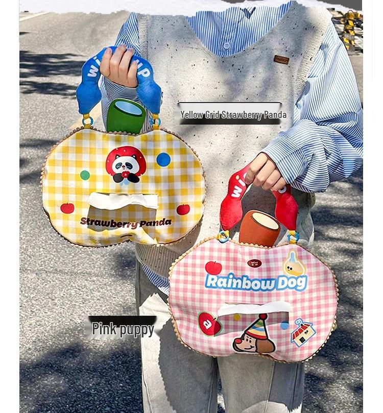 

Cartoon Rice Velvet Car Tissue Hanging Bag Yellow Grid Strawberry Panda