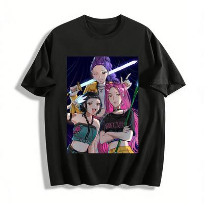 Cool Anime Girl Group Print T-Shirt Trendy Cartoon Style Loose Top Unisex Casual Wear Pure Cotton T-shirt