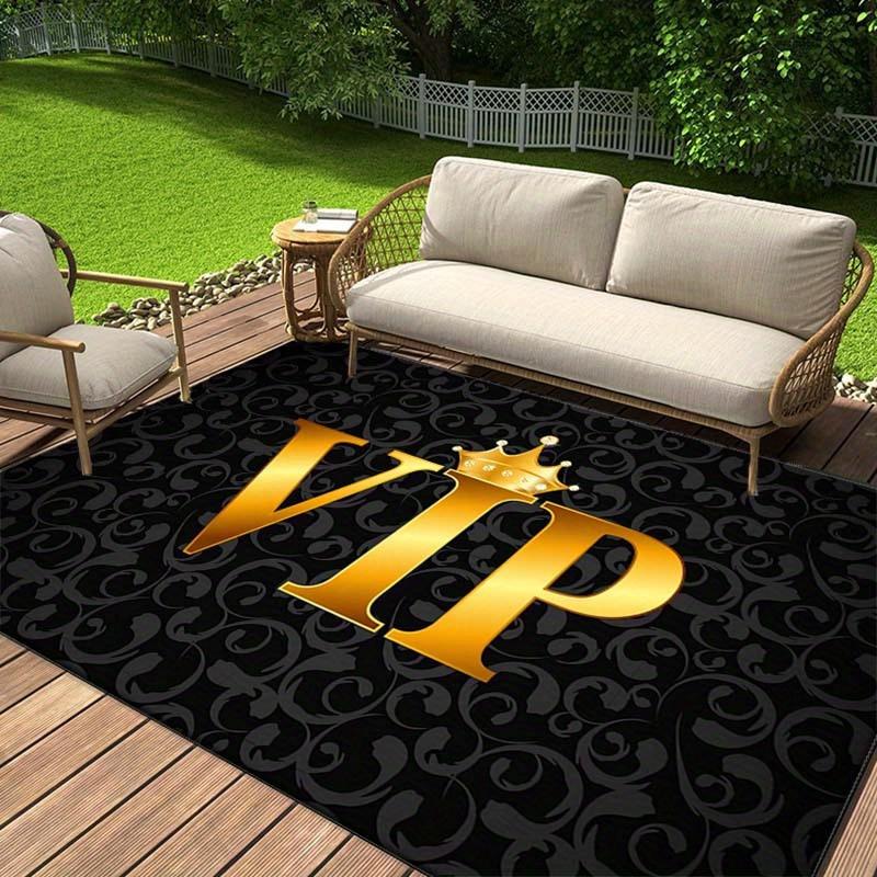Luxurious 3D VIP Rug - Anti-Slip Polyester, Black & Gold VIP Crown, Ideal for Patio, Living Room, Bedroom
