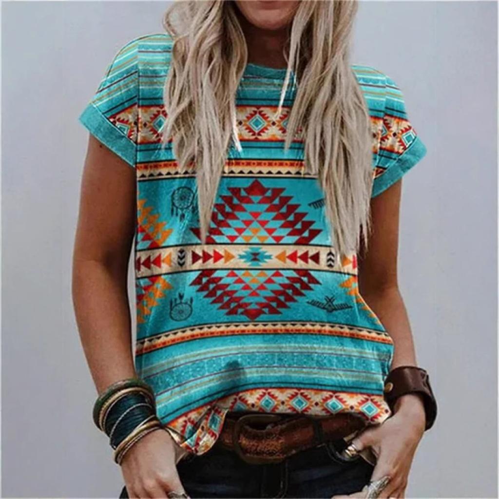 Summer Round Neck 3D Retro Print Top Fashionable Casual Short Sleeved Women's T-shirts