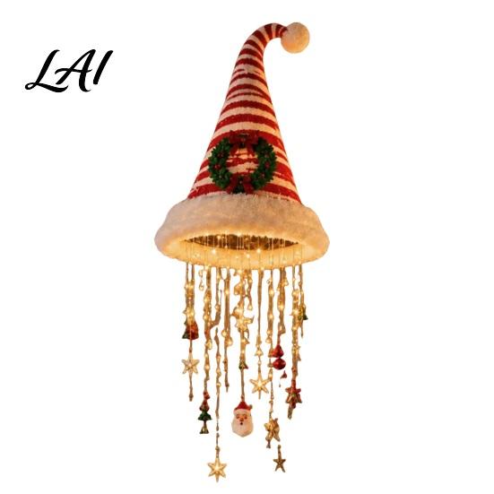 Reusable Xmas Entrance Decorations Lighted Santa Hat Hanging Chandelier Warm LED Christmas String Sequined Cone Pendant Decor with Housewarming