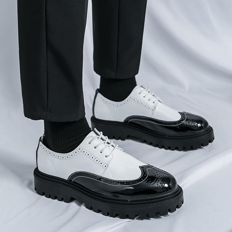 Frühlings Herren Atmungsaktive Geschnitzte Oxford Schuhe Luxusmarke Bequem Schnürschuhe Block Schwarz Weiß Colorblocked Lässige Lederschuhe