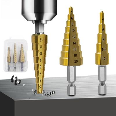 Titanium-plated Hex Shank Step Drill Set, 3-12/4-12/4-20, Boxed, Pagoda Bit, Hole Expansion Kit.