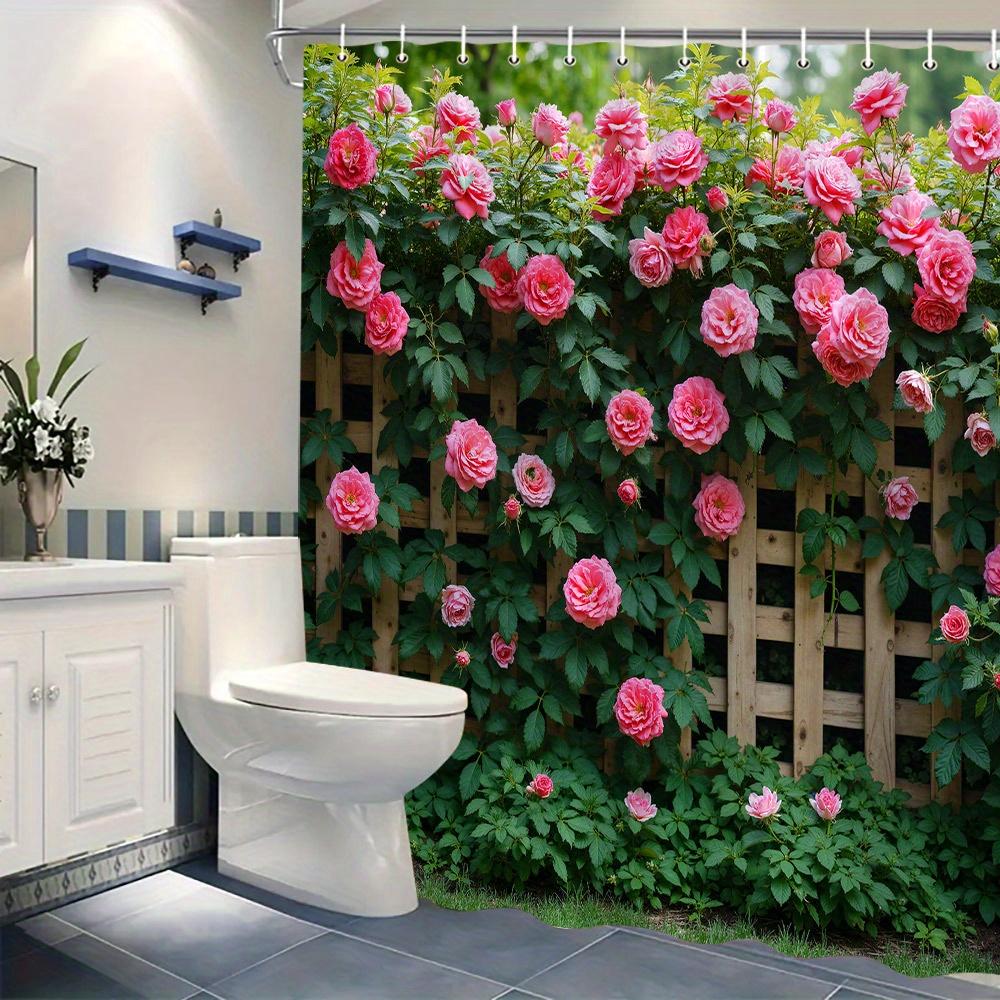 1pc Lush Garden Rose Print Shower Curtain, Relaxing Pink Floral Design with Green Foliage, Perfect for Any Bathroom Decor