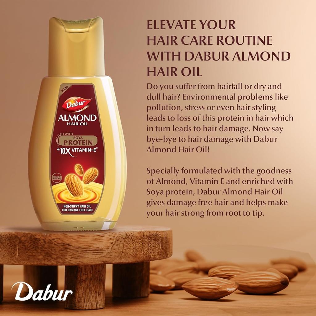 Dabur Almond Hair Oil 200ml With Vitamin E & Soya Protein For Strong, Smooth, Non-Sticky Nourished Hair Care